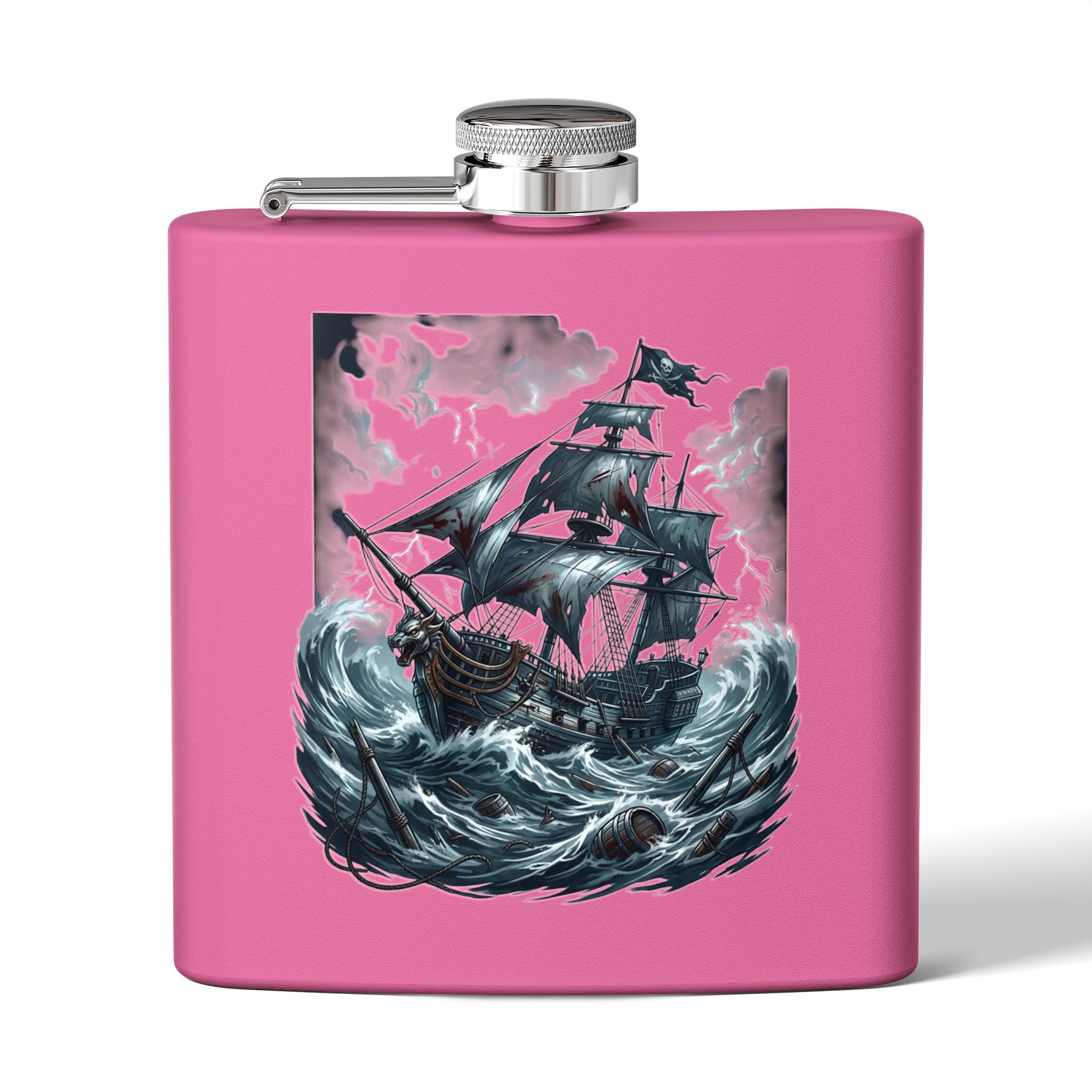 Nautical Pirate Ship Flask — 6oz Stainless Steel Hip Flask with Stormy Seas Design