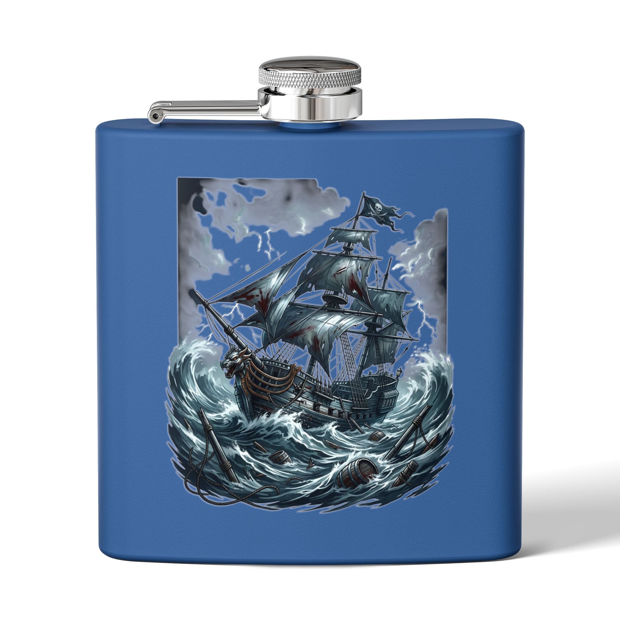 Nautical Pirate Ship Flask — 6oz Stainless Steel Hip Flask with Stormy Seas Design