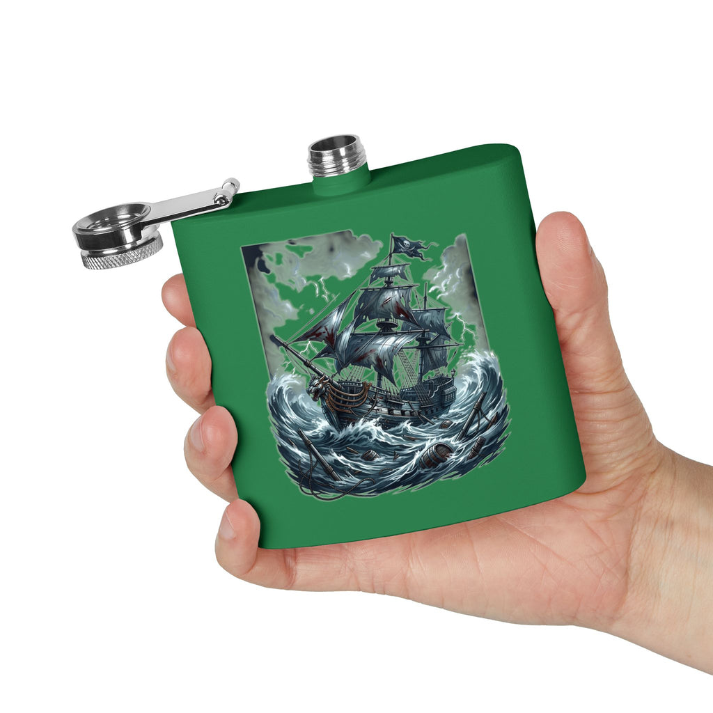 Nautical Pirate Ship Flask — 6oz Stainless Steel Hip Flask with Stormy Seas Design