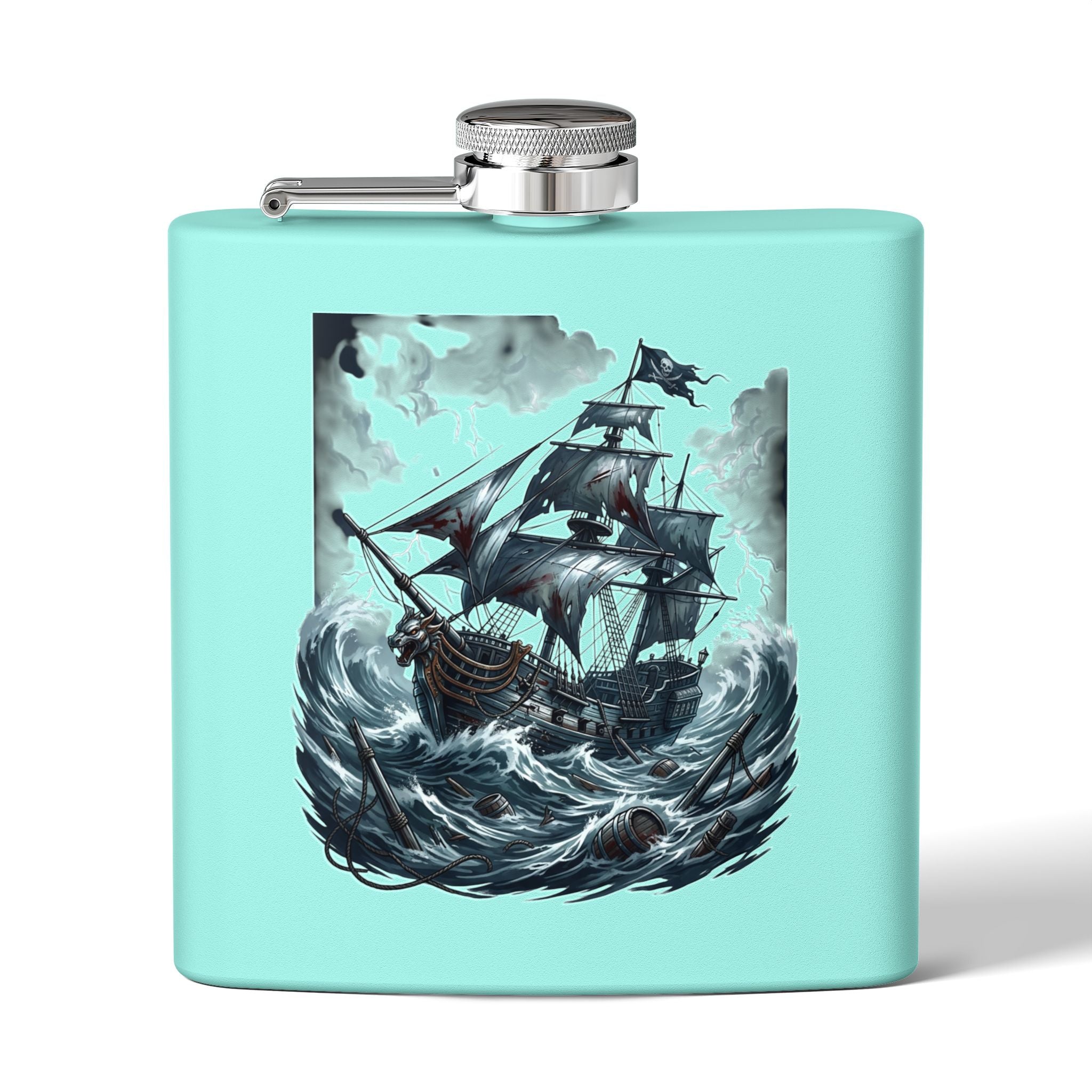 Nautical Pirate Ship Flask — 6oz Stainless Steel Hip Flask with Stormy Seas Design