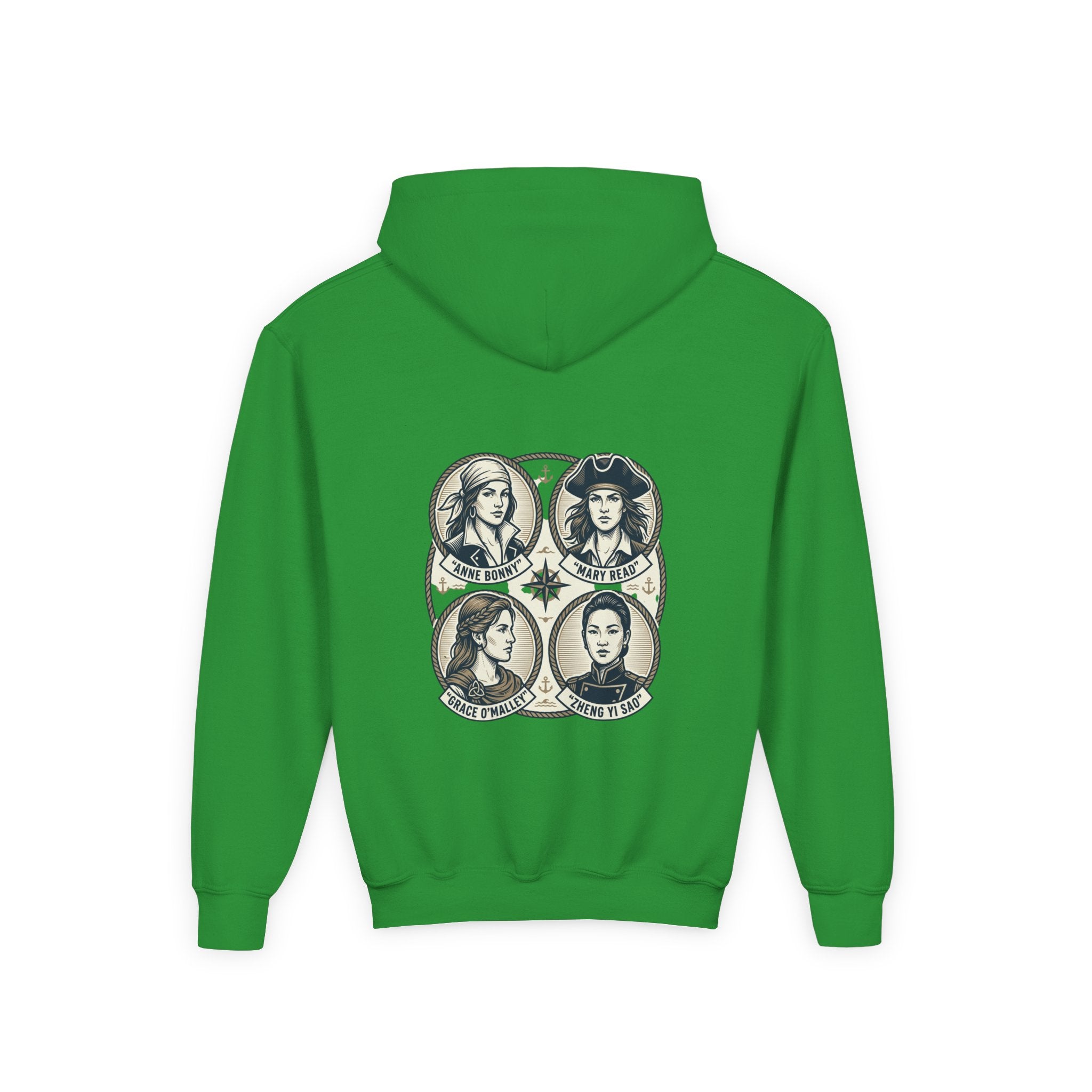 Youth Hoodie — 'Great Female Pirates' Illustrated Back Graphic