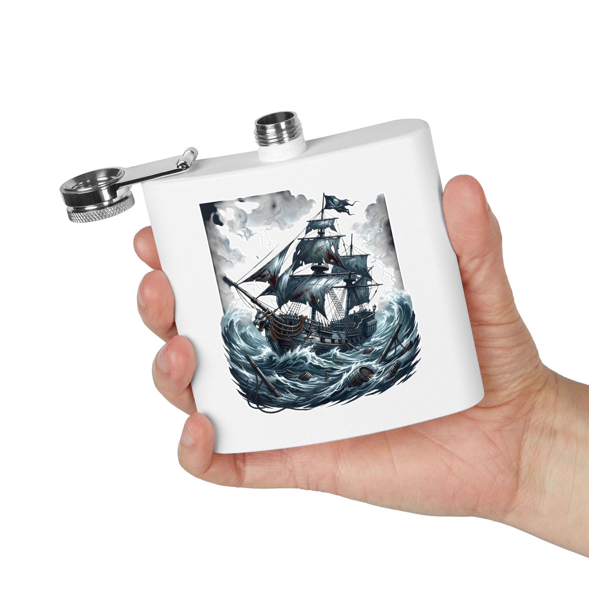 Nautical Pirate Ship Flask — 6oz Stainless Steel Hip Flask with Stormy Seas Design