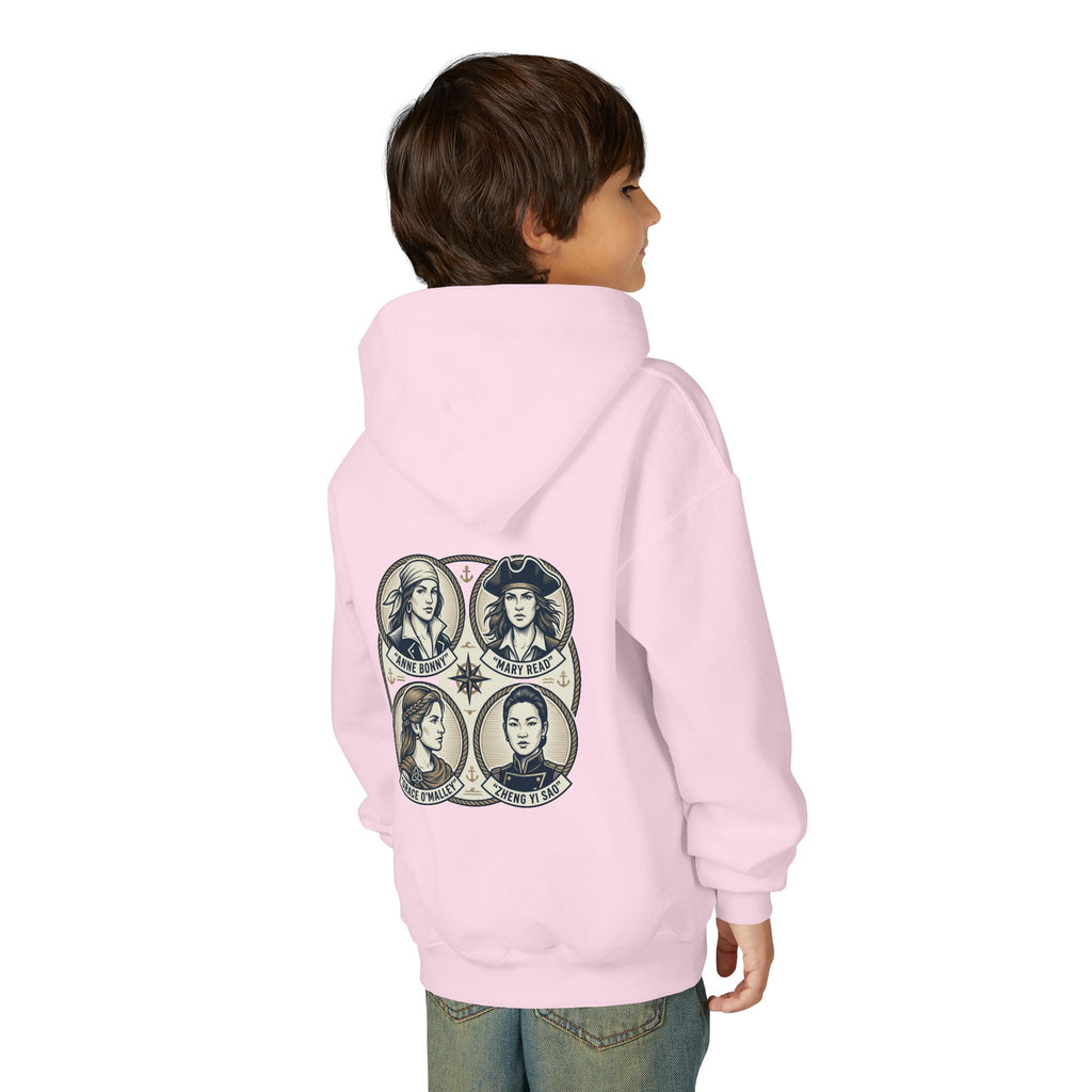 Youth Hoodie — 'Great Female Pirates' Illustrated Back Graphic