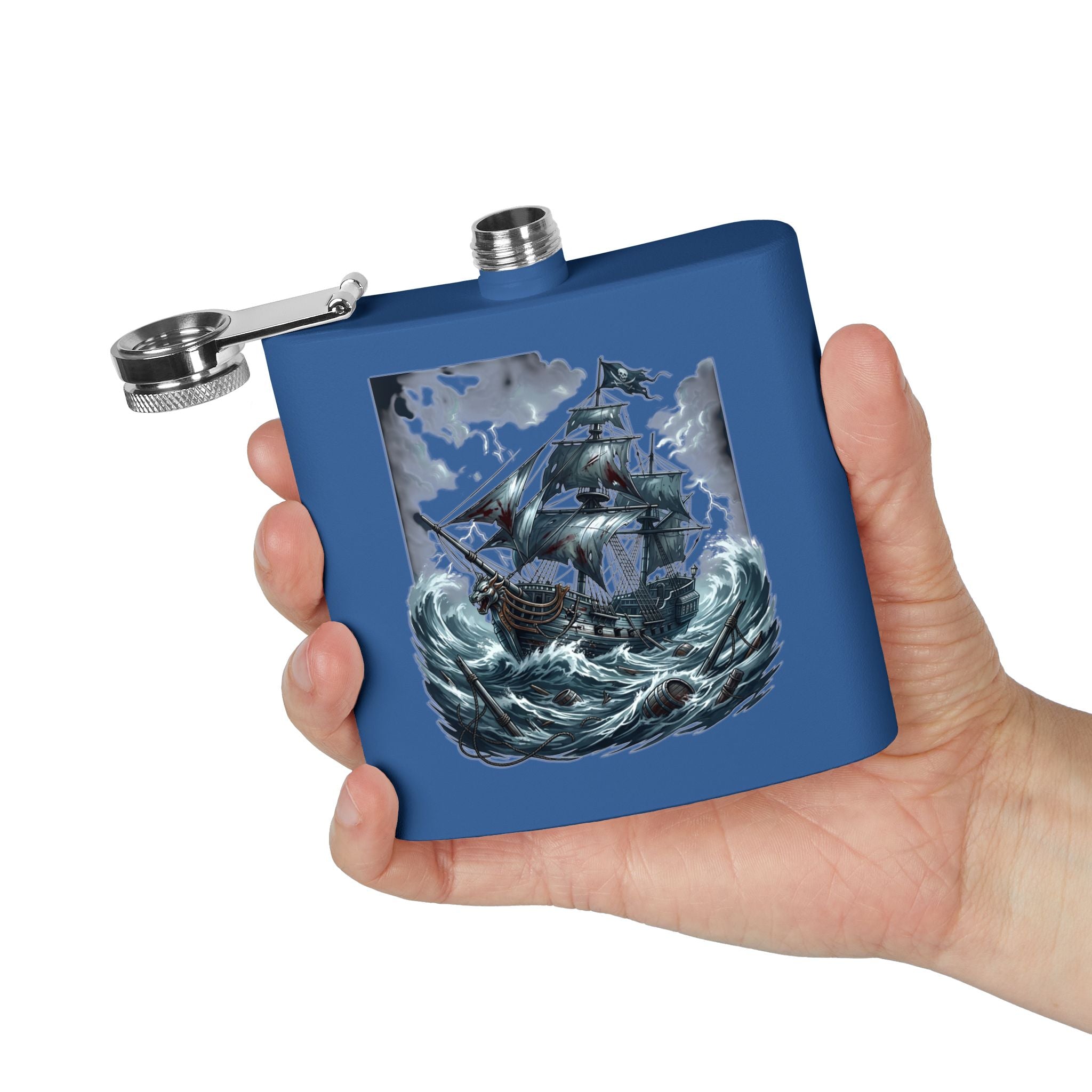 Nautical Pirate Ship Flask — 6oz Stainless Steel Hip Flask with Stormy Seas Design