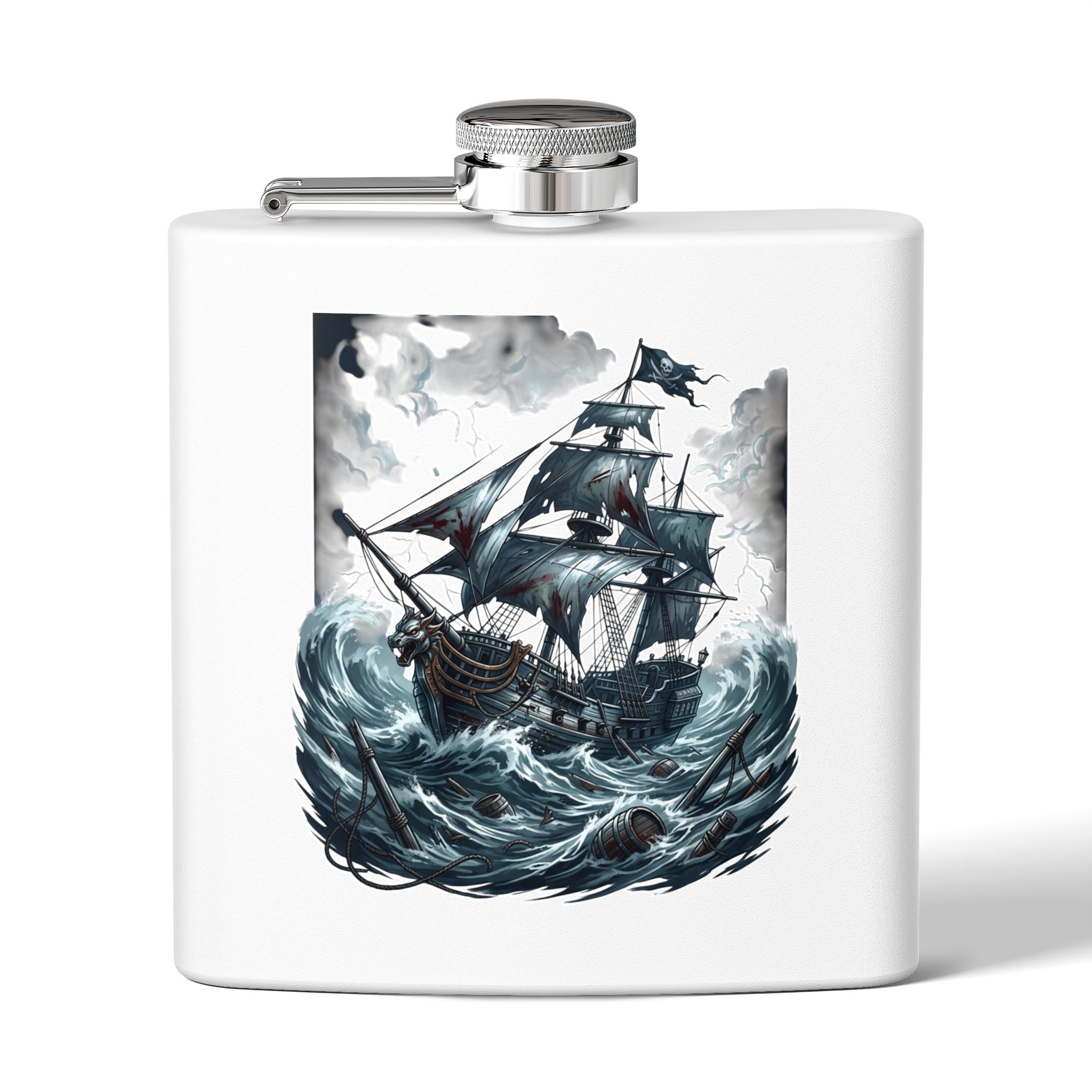 Nautical Pirate Ship Flask — 6oz Stainless Steel Hip Flask with Stormy Seas Design