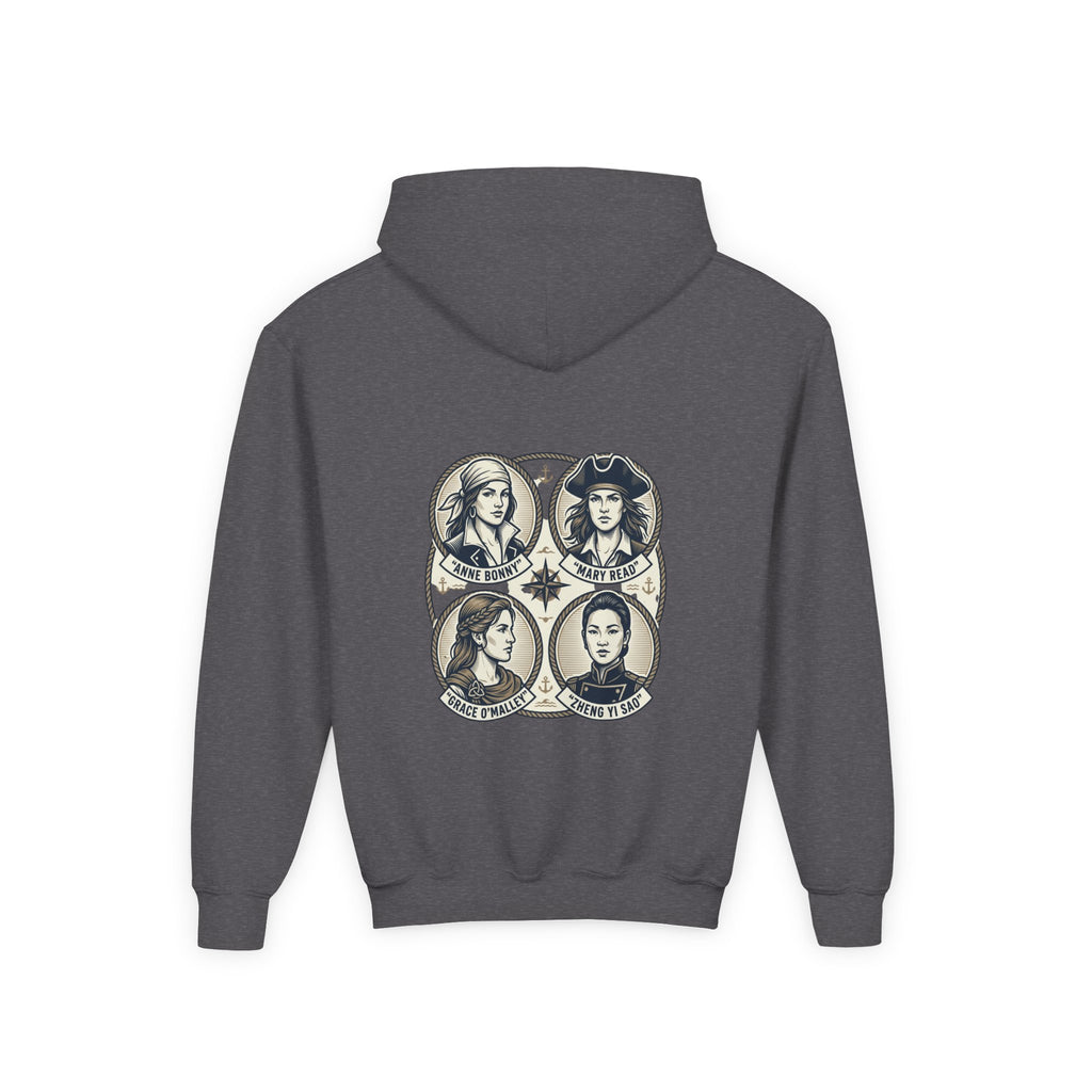 Youth Hoodie — 'Great Female Pirates' Illustrated Back Graphic