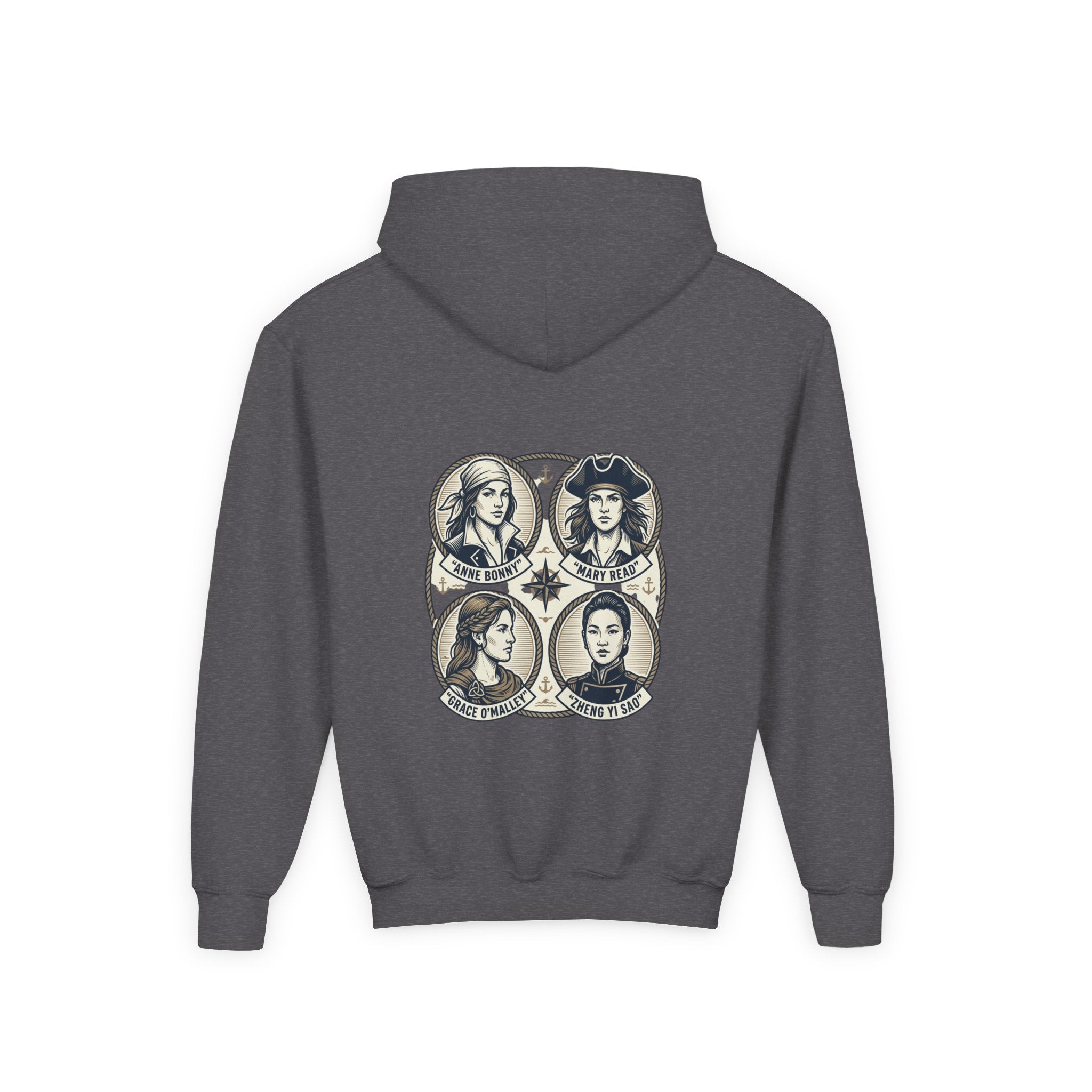 Youth Hoodie — 'Great Female Pirates' Illustrated Back Graphic