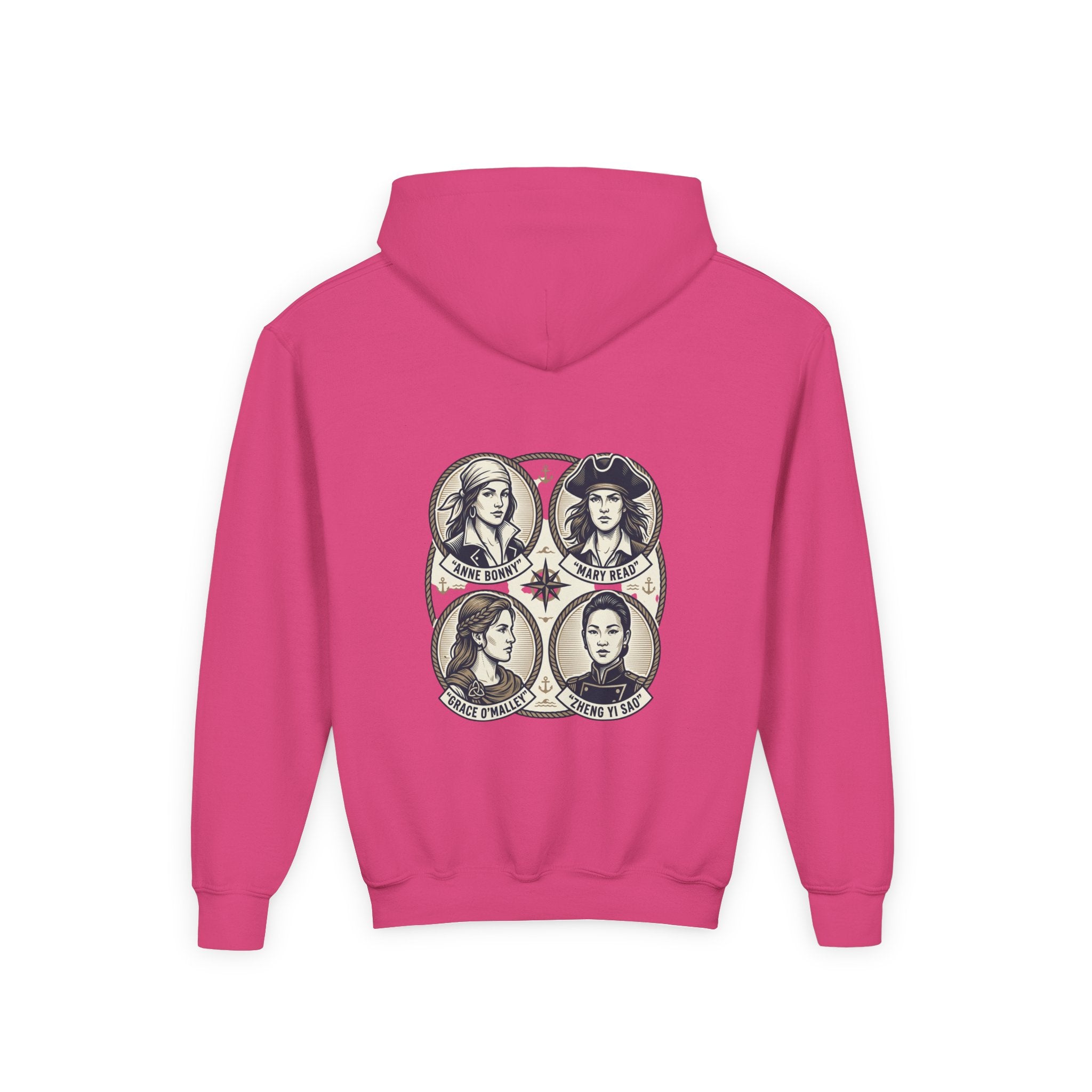 Youth Hoodie — 'Great Female Pirates' Illustrated Back Graphic