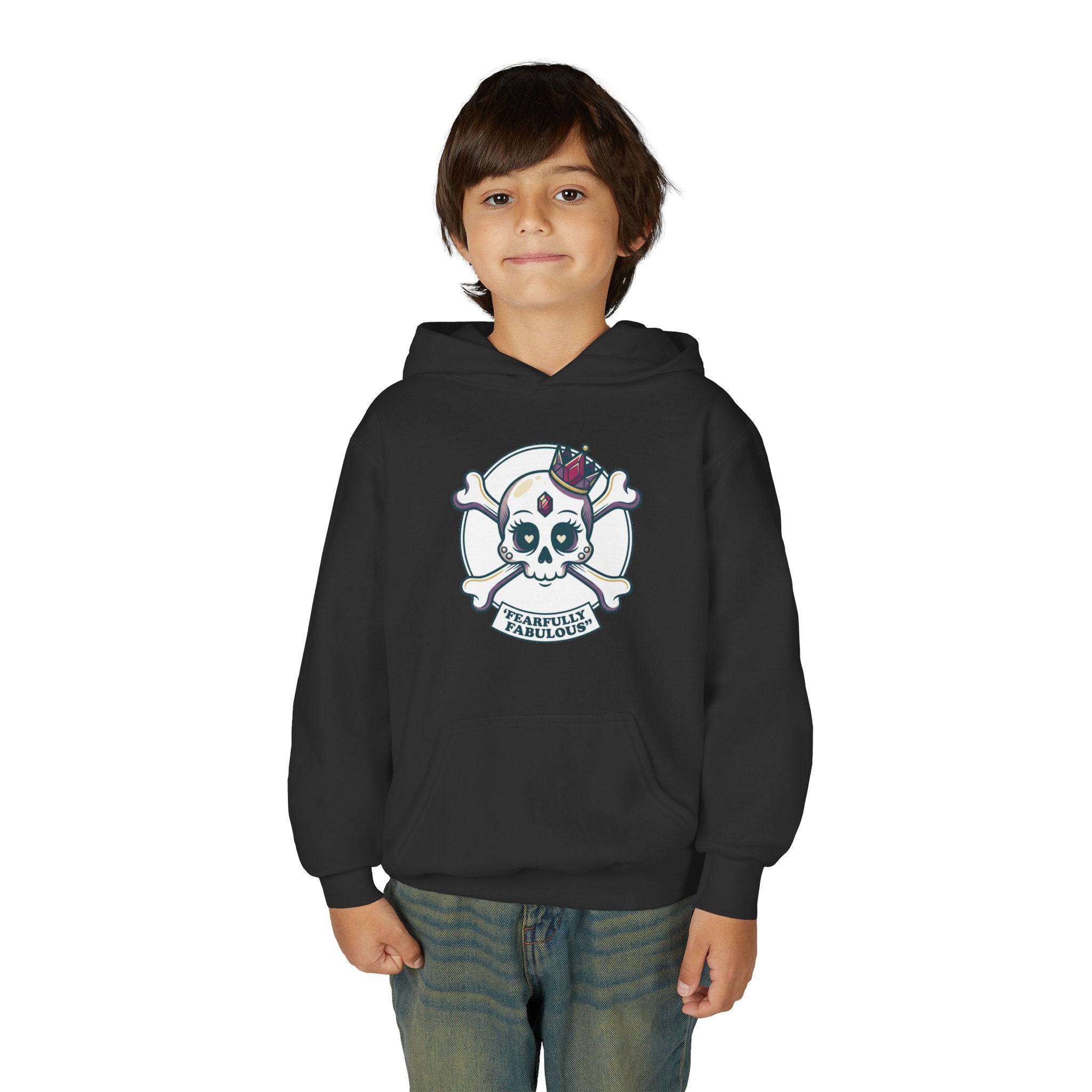 Youth Skull & Crossbones Hoodie — 'Fearfully Fabulous' Cute Gothic Kids Sweatshirt