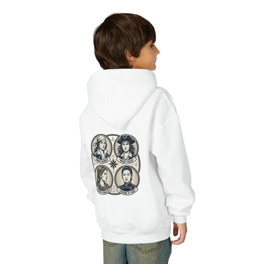 Youth Hoodie — 'Great Female Pirates' Illustrated Back Graphic
