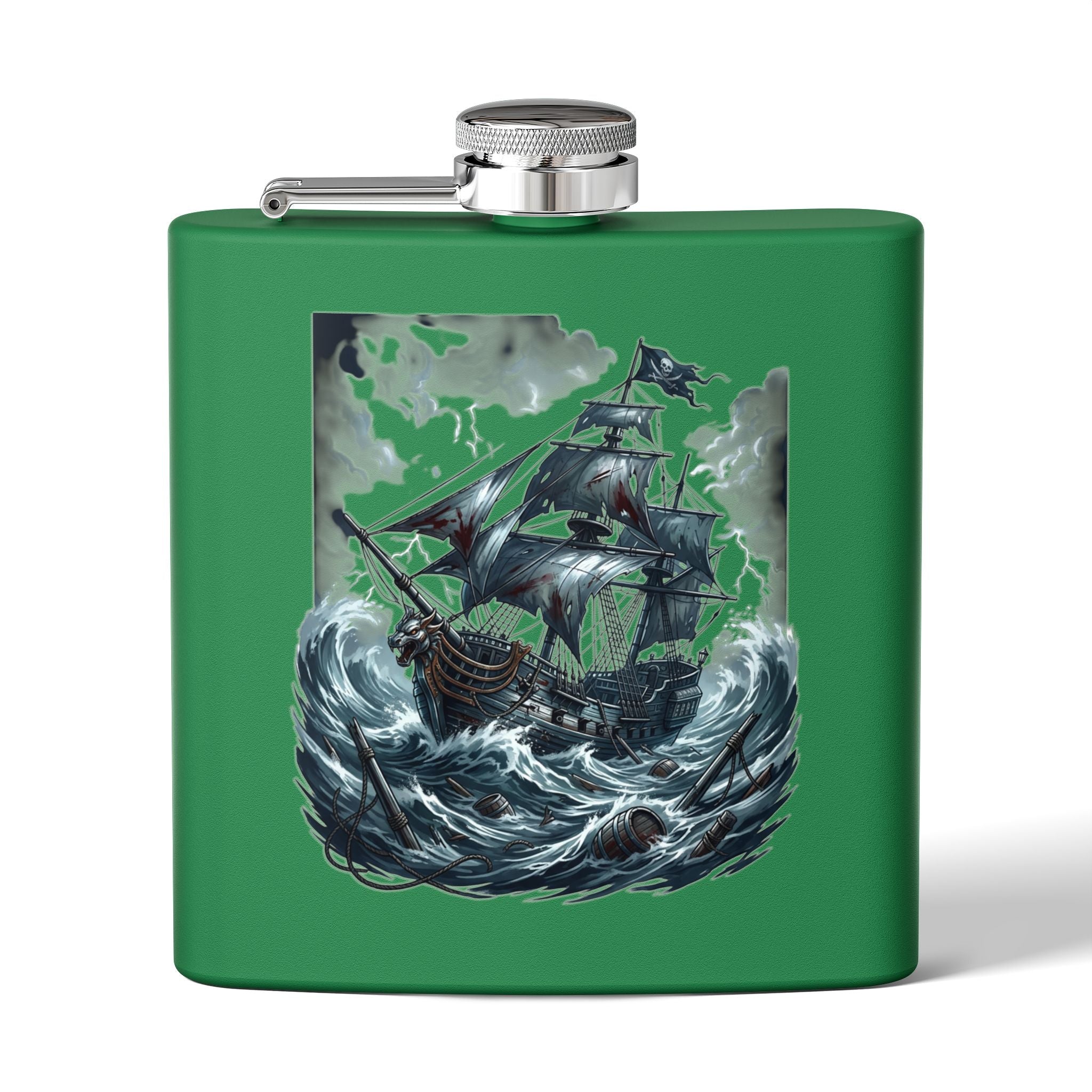 Nautical Pirate Ship Flask — 6oz Stainless Steel Hip Flask with Stormy Seas Design