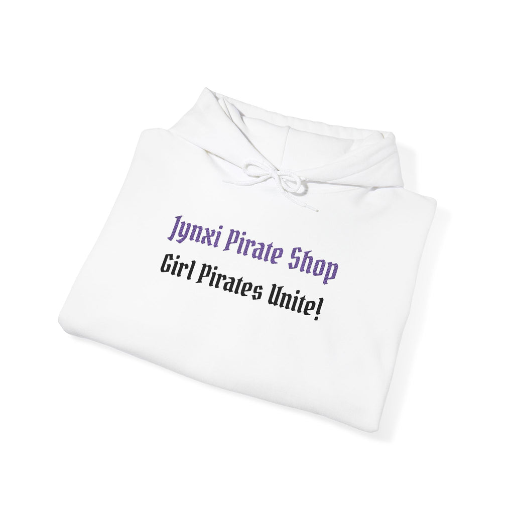 Girl Pirates Hoodie — "Jynxi Pirate Shop / Girl Pirates Unite!" White Pullover
