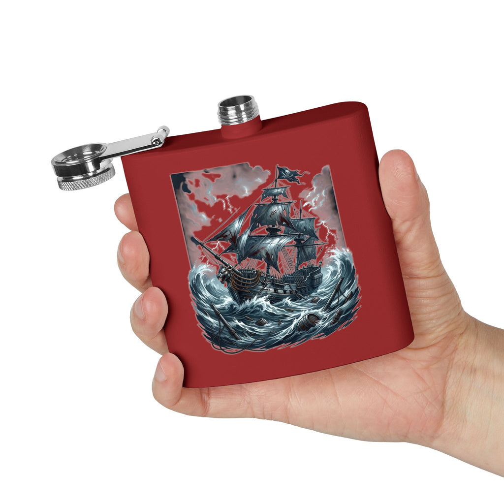 Nautical Pirate Ship Flask — 6oz Stainless Steel Hip Flask with Stormy Seas Design