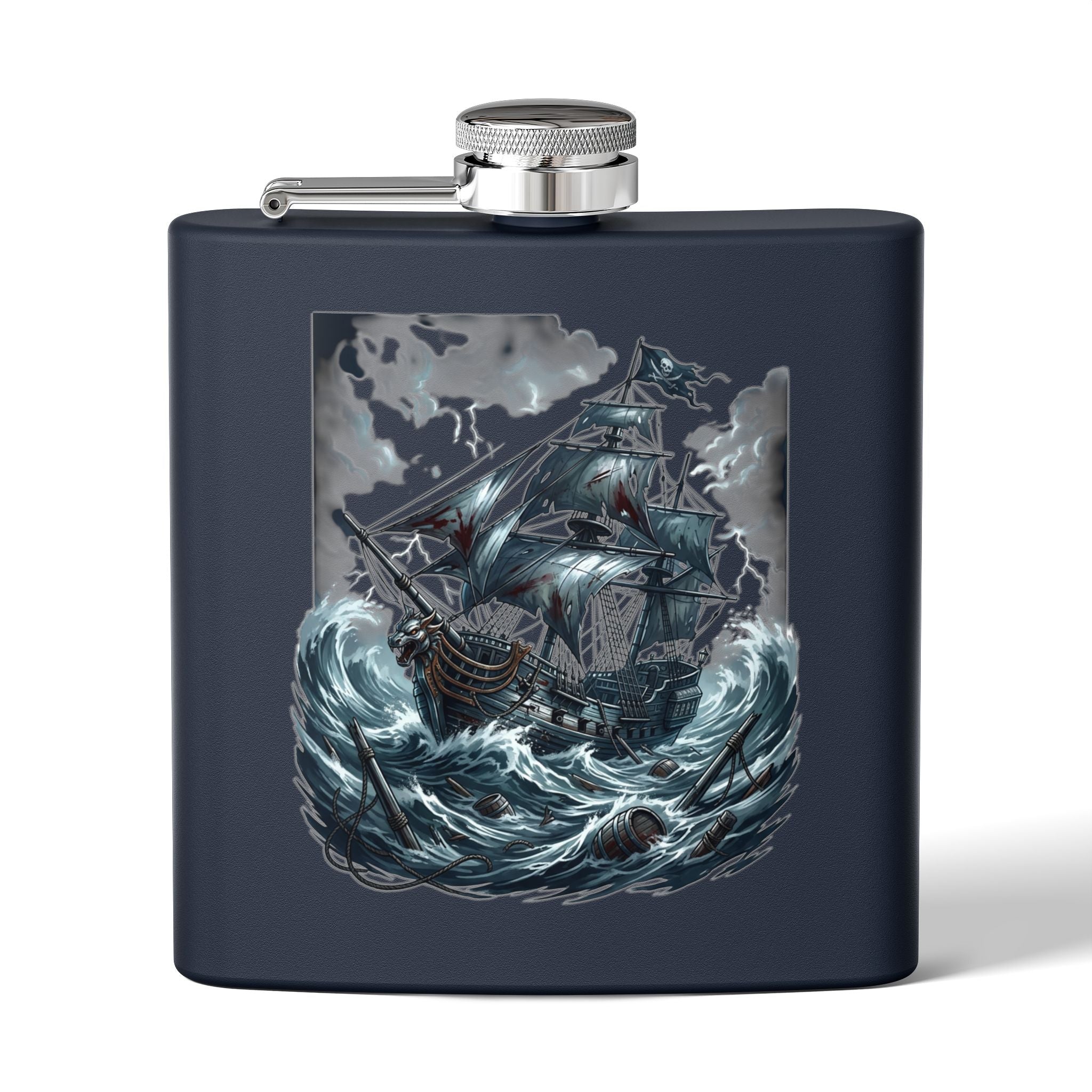 Nautical Pirate Ship Flask — 6oz Stainless Steel Hip Flask with Stormy Seas Design