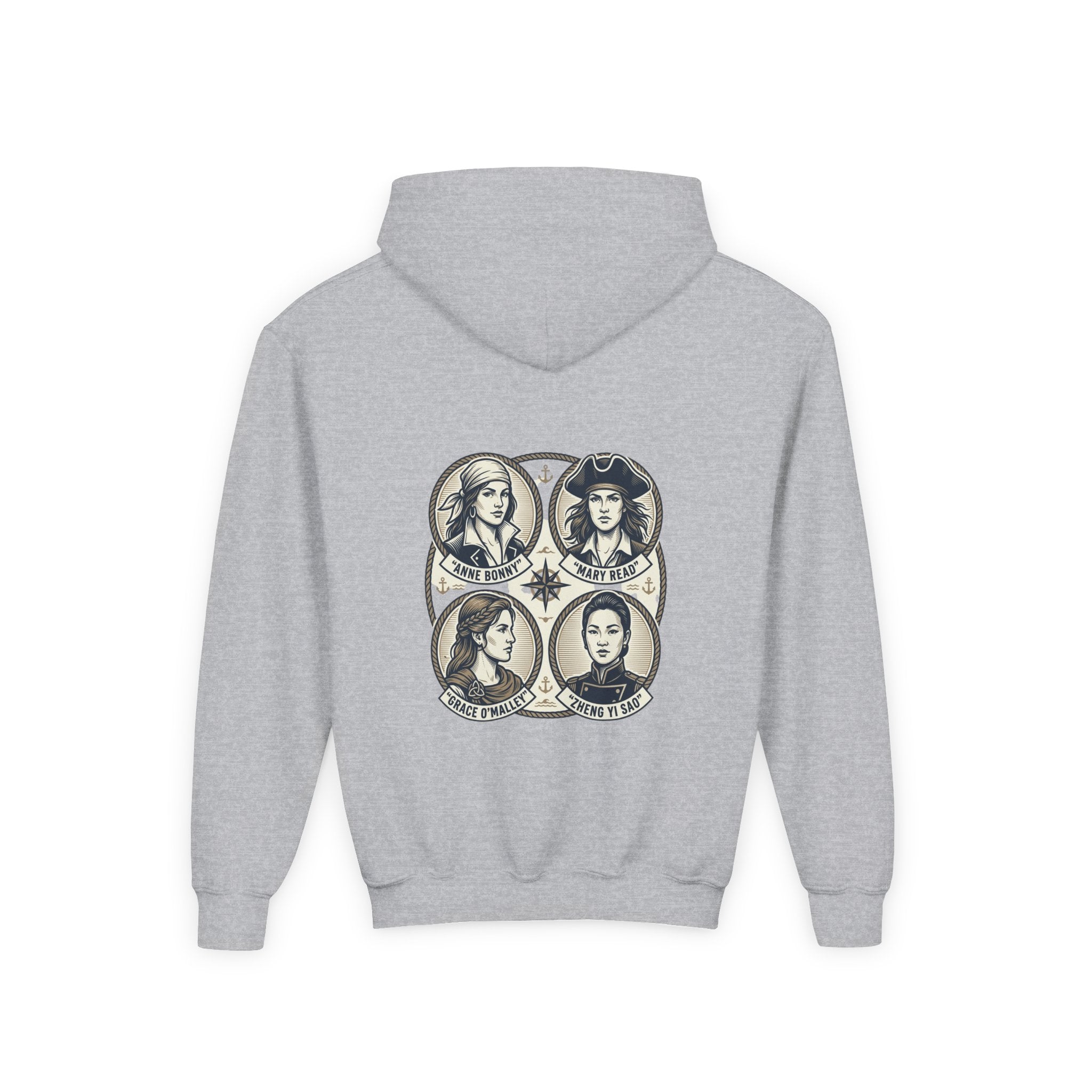 Youth Hoodie — 'Great Female Pirates' Illustrated Back Graphic