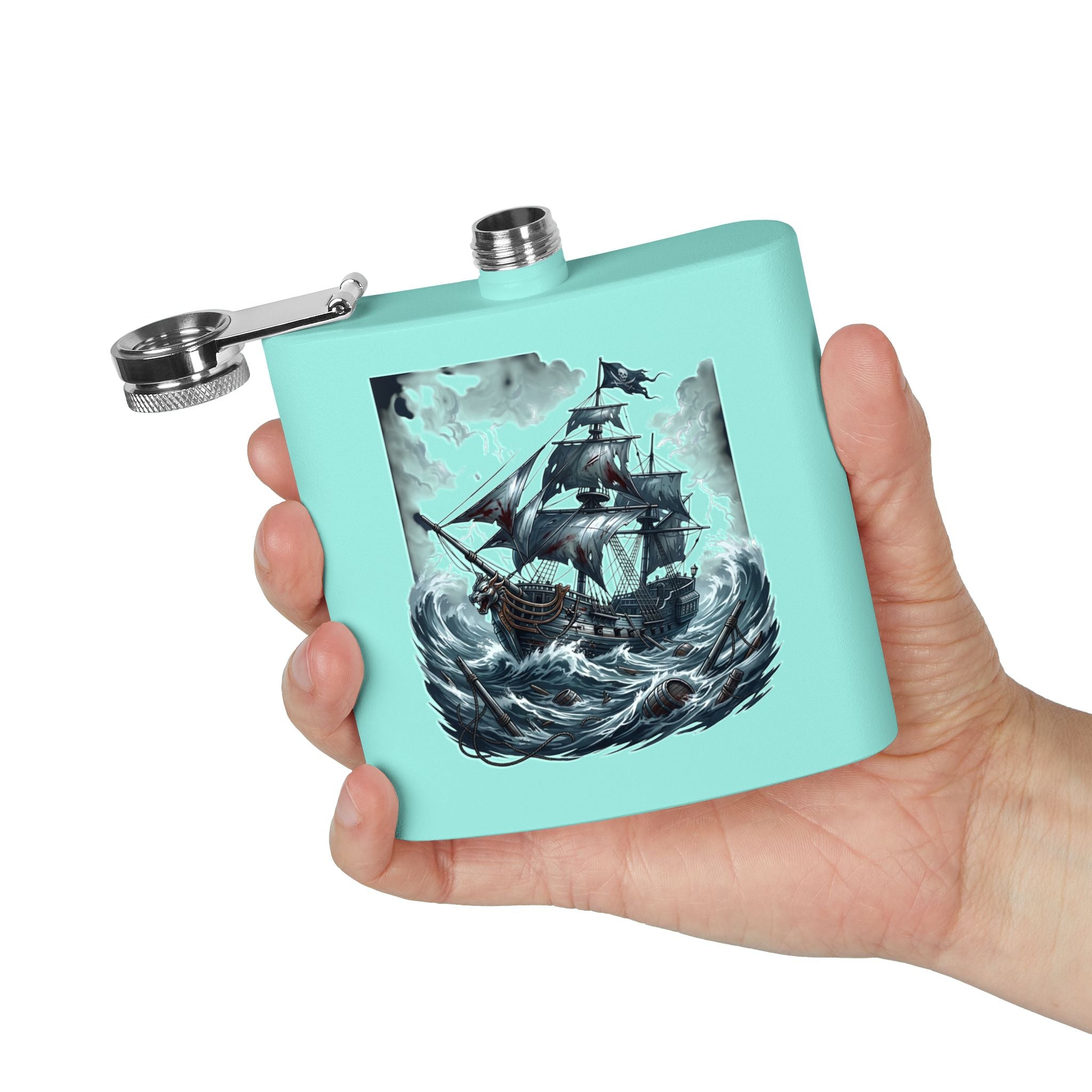 Nautical Pirate Ship Flask — 6oz Stainless Steel Hip Flask with Stormy Seas Design