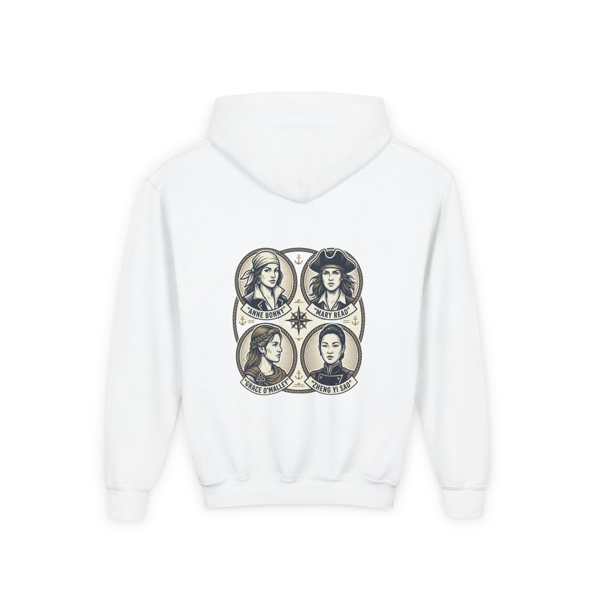Youth Hoodie — 'Great Female Pirates' Illustrated Back Graphic