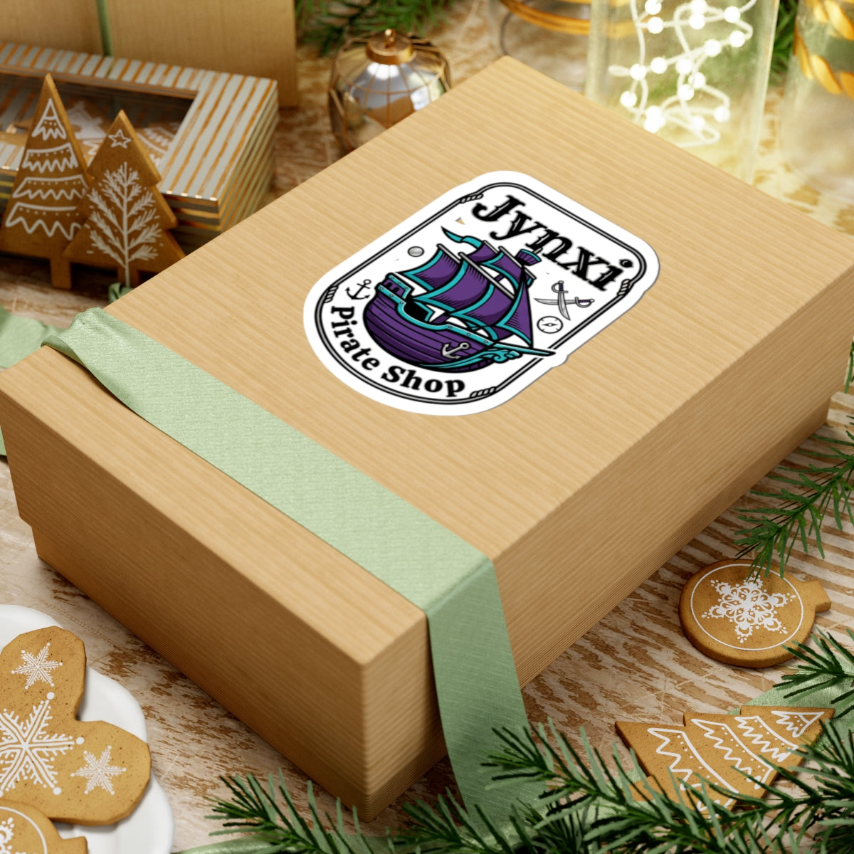 Jynxi Pirate Shop Kiss-Cut Sticker — Purple Pirate Ship Logo