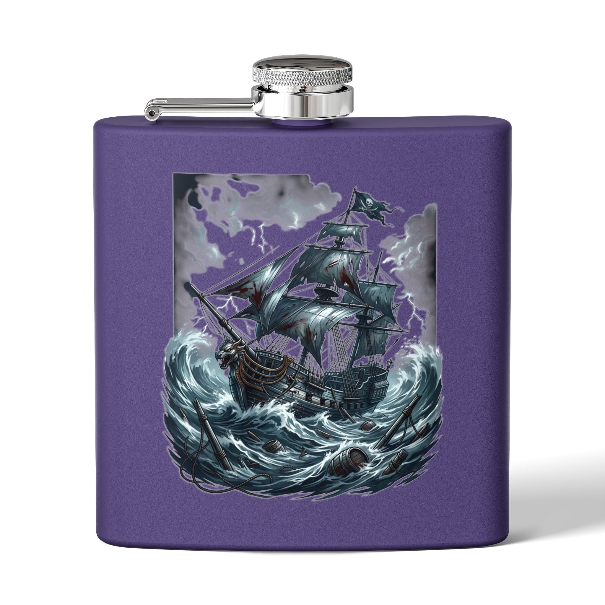 Nautical Pirate Ship Flask — 6oz Stainless Steel Hip Flask with Stormy Seas Design