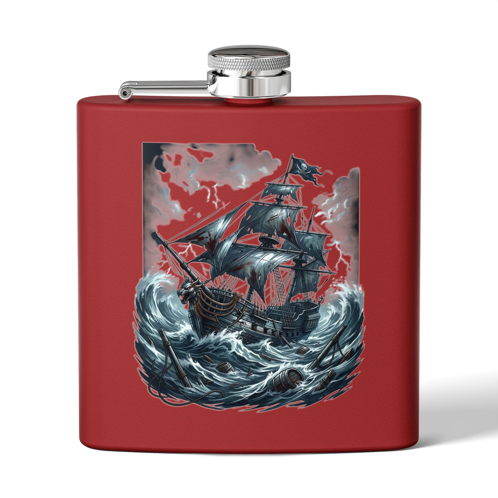 Nautical Pirate Ship Flask — 6oz Stainless Steel Hip Flask with Stormy Seas Design