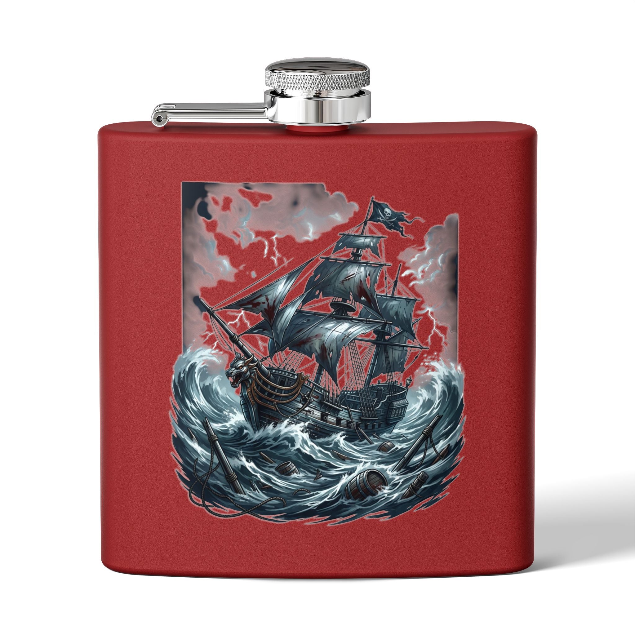 Nautical Pirate Ship Flask — 6oz Stainless Steel Hip Flask with Stormy Seas Design