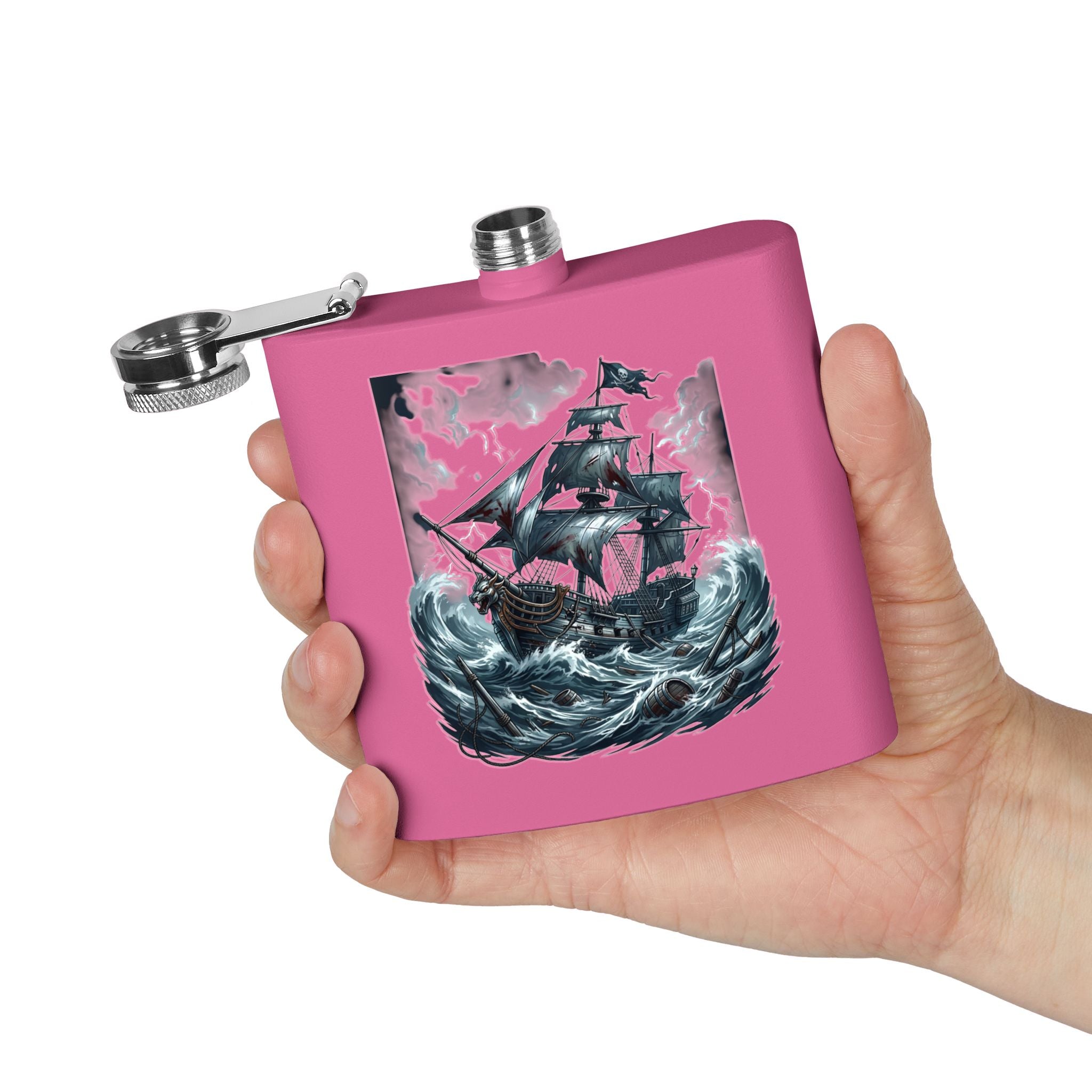 Nautical Pirate Ship Flask — 6oz Stainless Steel Hip Flask with Stormy Seas Design