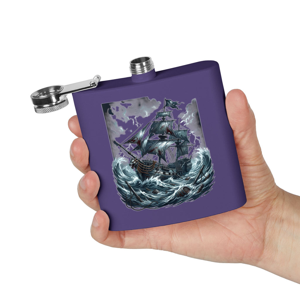 Nautical Pirate Ship Flask — 6oz Stainless Steel Hip Flask with Stormy Seas Design