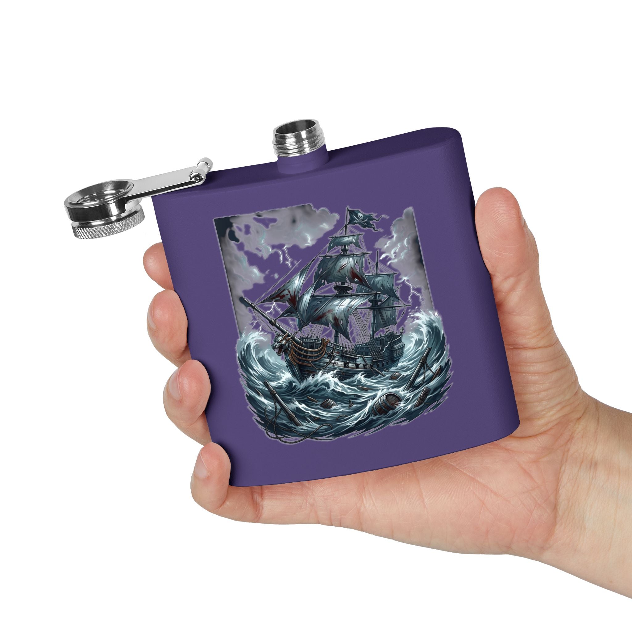 Nautical Pirate Ship Flask — 6oz Stainless Steel Hip Flask with Stormy Seas Design