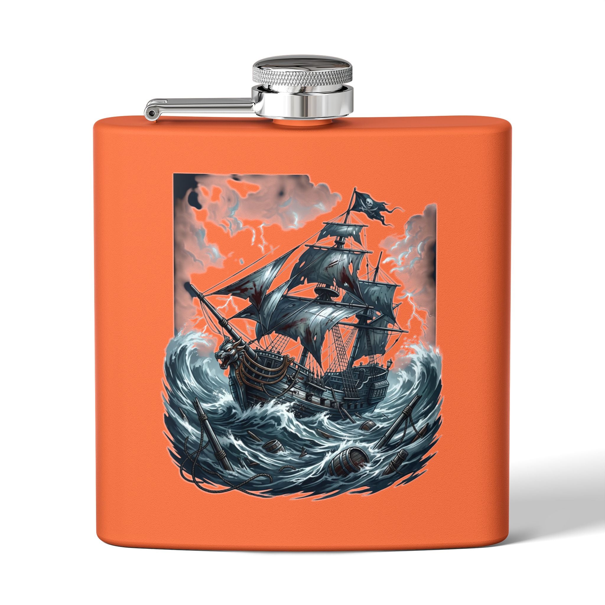 Nautical Pirate Ship Flask — 6oz Stainless Steel Hip Flask with Stormy Seas Design