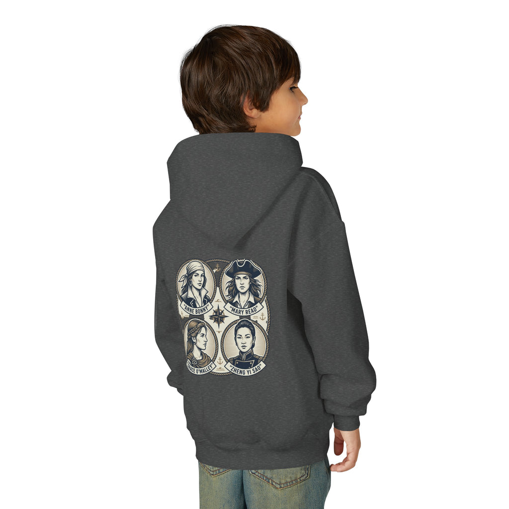 Youth Hoodie — 'Great Female Pirates' Illustrated Back Graphic