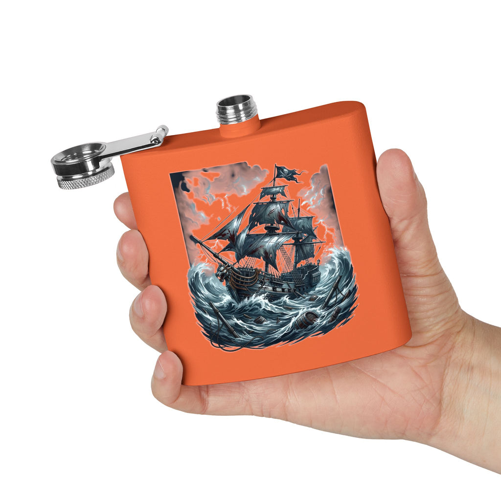 Nautical Pirate Ship Flask — 6oz Stainless Steel Hip Flask with Stormy Seas Design