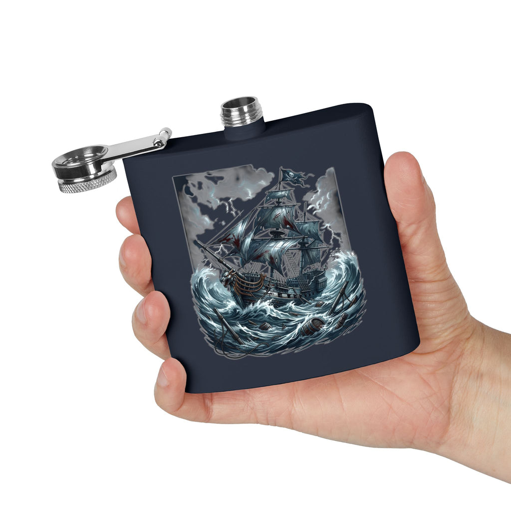Nautical Pirate Ship Flask — 6oz Stainless Steel Hip Flask with Stormy Seas Design